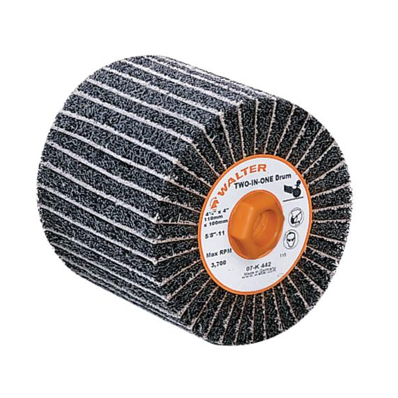 07K442 | TWO-IN-ONE™ Finishing Drum 4-1/2" x 4", 5/8"-11Arbor, 80 Grit, Non-Woven and Cloth