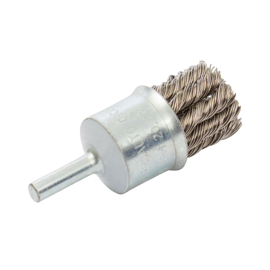 09C070 | All Metal™ Mounted Wire Brush 1-1/8", 1/4" Arbor, Knot-Twisted Stainless Steel Wires