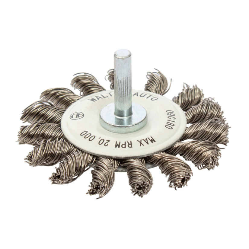 09C180 | All Metal™ Mounted Wire Brush 2-3/4", 1/4" Arbor, Knot-Twisted Stainless Steel Wires