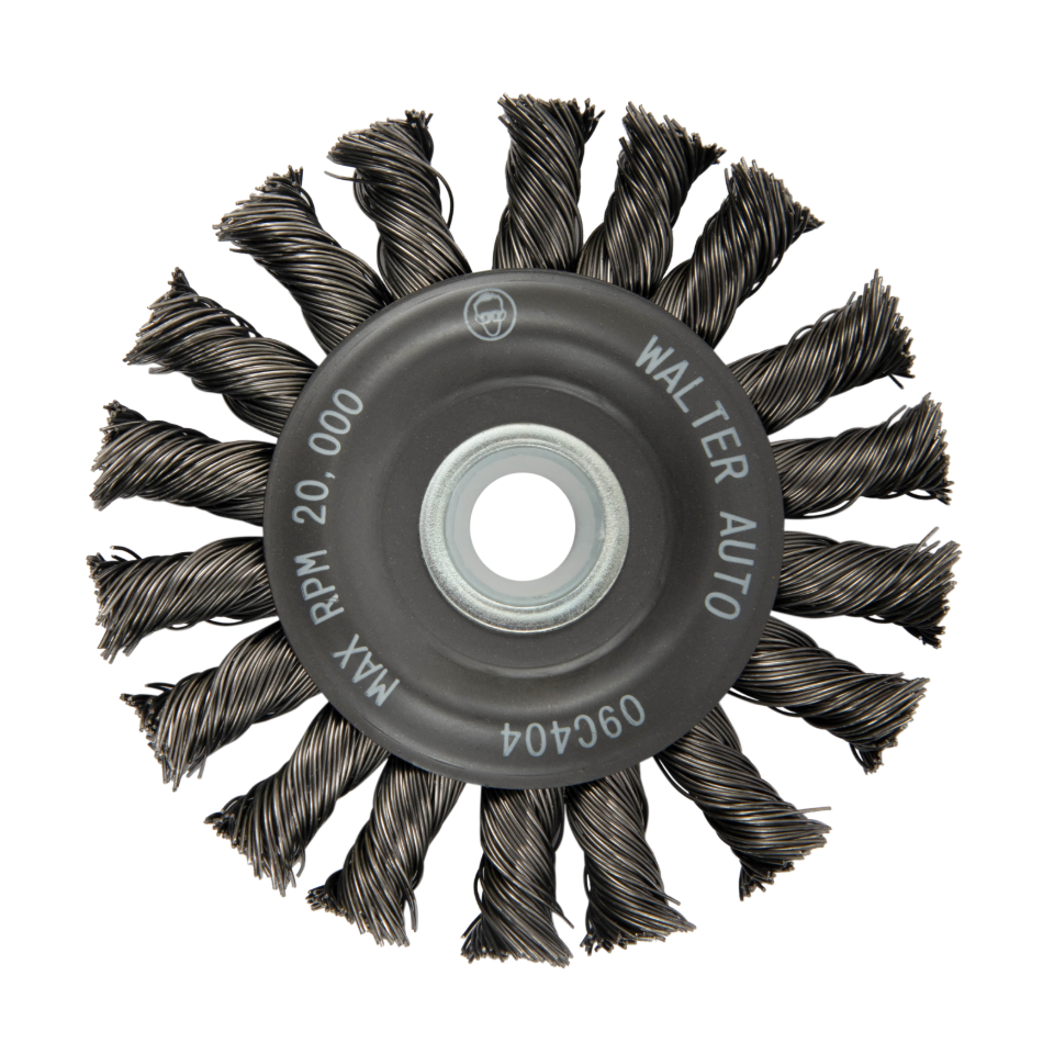 09C404 | All Metal™ Mounted Wire Brush 4", 3/8" Arbor, Double Sided Knot-Twisted Steel Wires