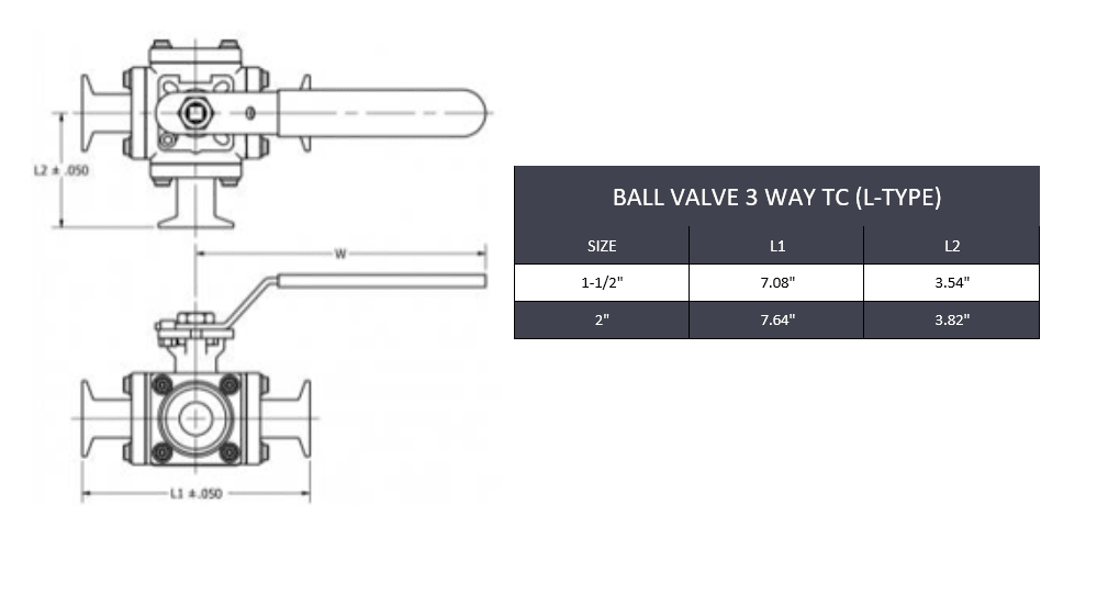 1-1/2" Tri-Clamp T-Port 3 Way Ball Valve - SS 316 - Forces Inc