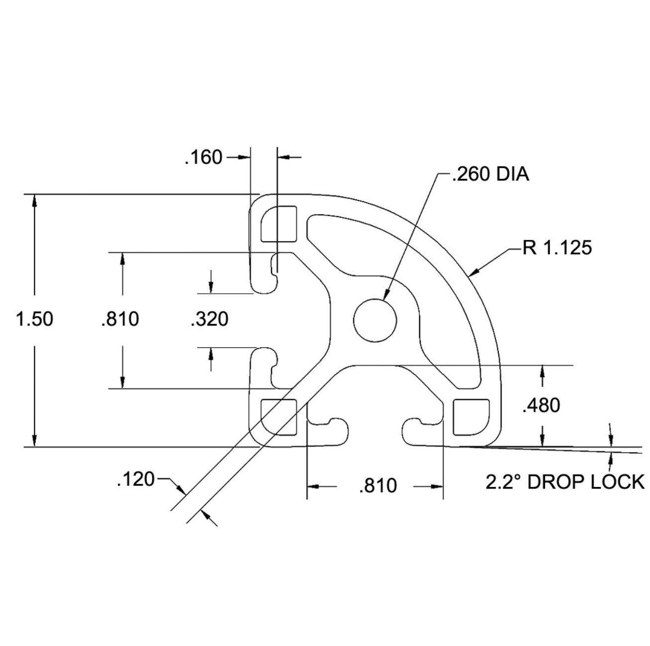 1.5" x 1.5" Quarter-Round T-Slot Aluminum Extrusion Smooth Light - 1ft Bar - Forces Inc