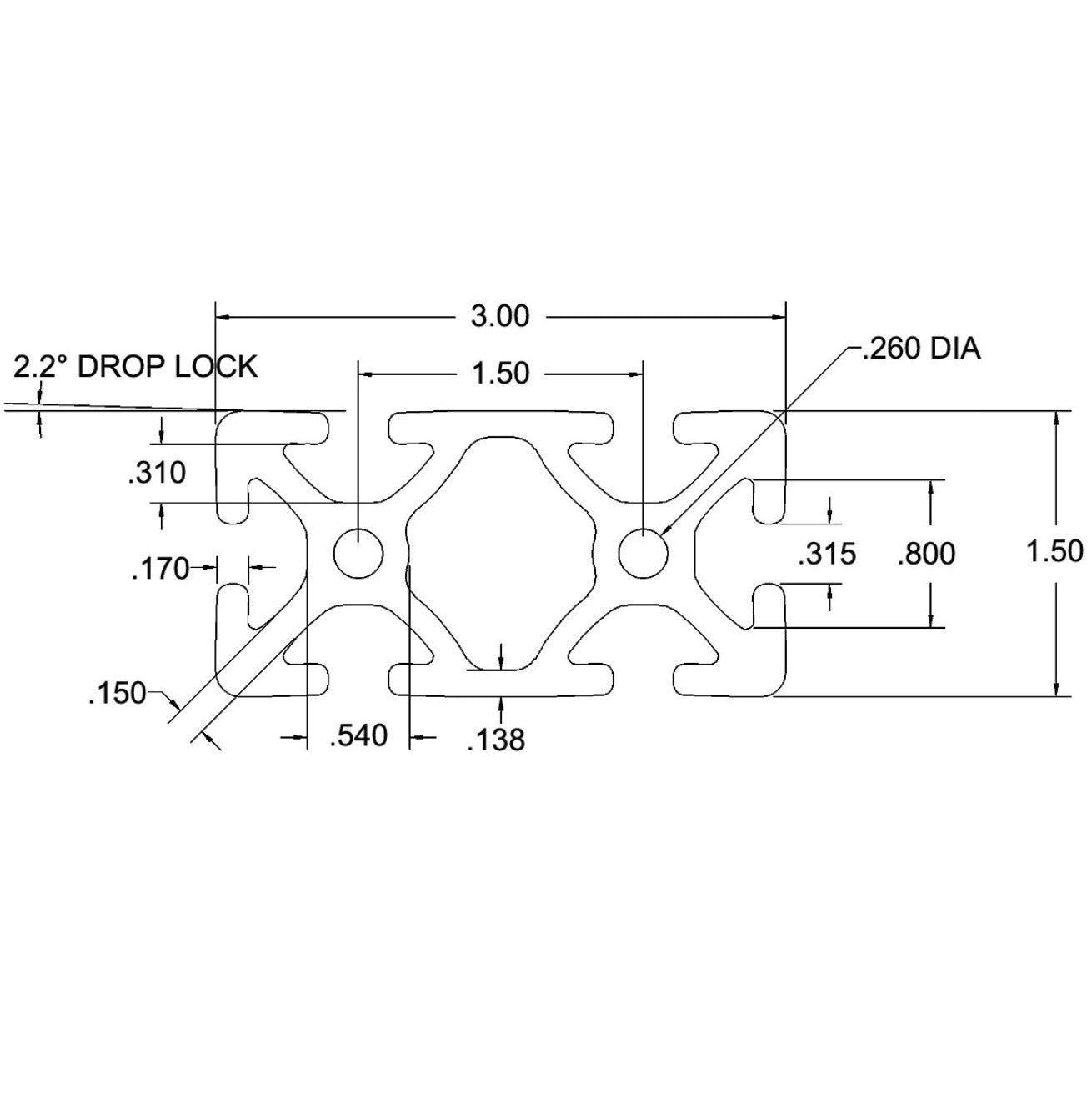 1.5" x 3" T-Slotted Aluminum Extrusion Smooth Heavy - 1ft Bar - Forces Inc
