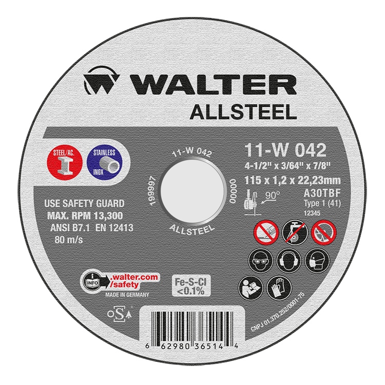 11W042 | ALLSTEEL™ Cut-Off Wheel 4-1/2" x 3/64", 7/8" Arbor, Type 1