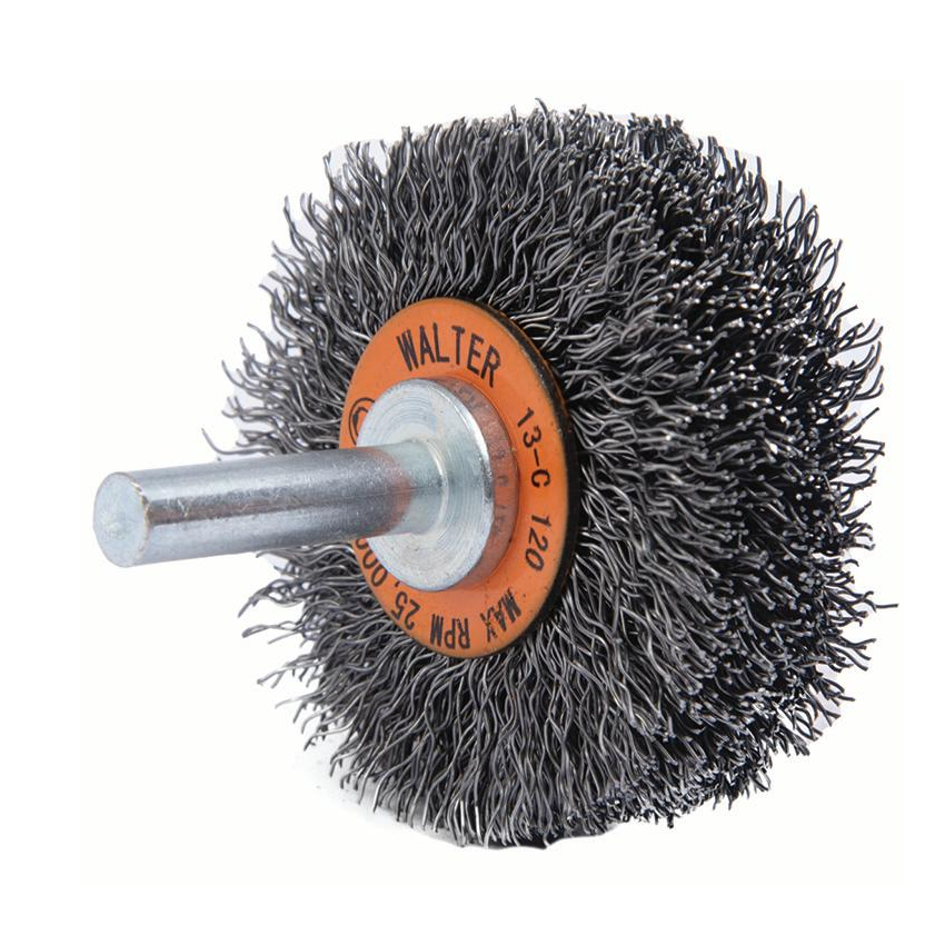 13C120 | Mounted Wire Brush 2", 1/4" Arbor, Crimped Wires Steel Wires