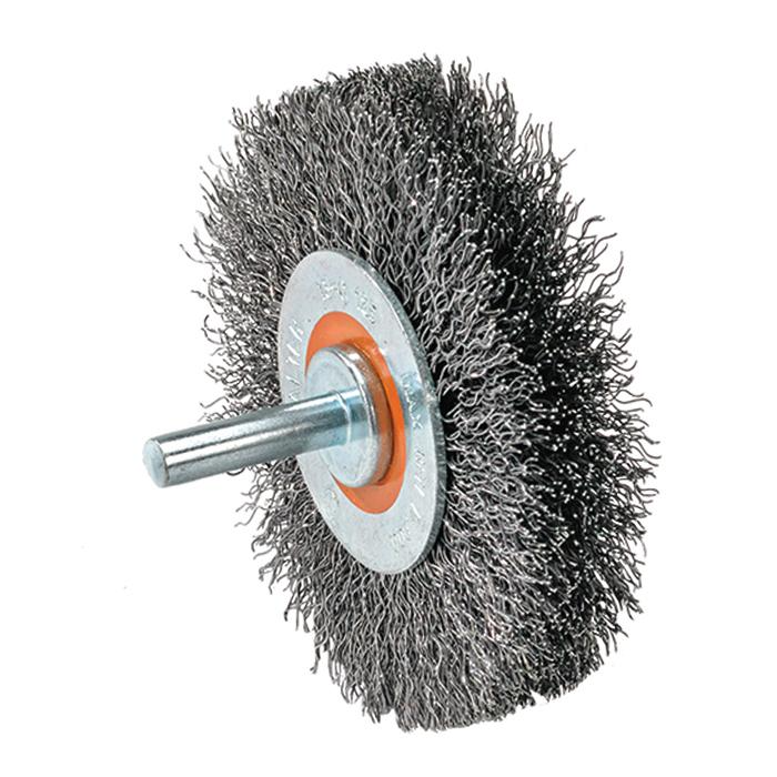 13C123 | Mounted Wire Brush 3", 1/4" Arbor, Crimped Wires Steel Wires