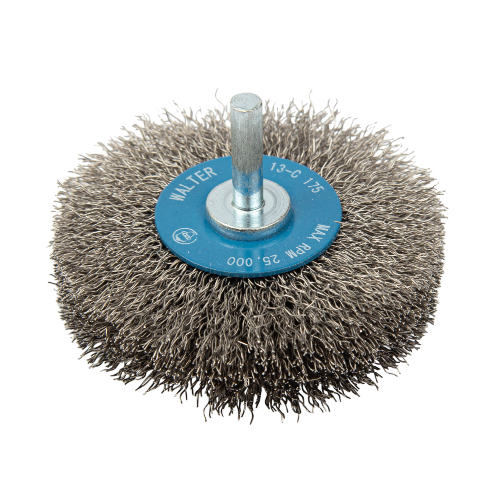 13C175 | Mounted Wire Brush 3", 1/4" Arbor, Crimped Wires Stainless Steel Wires