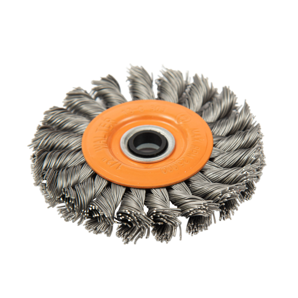 13C404 | Mounted Wire Brush 4", 1/4" Arbor, Double Sided Knot-Twisted Steel Wires