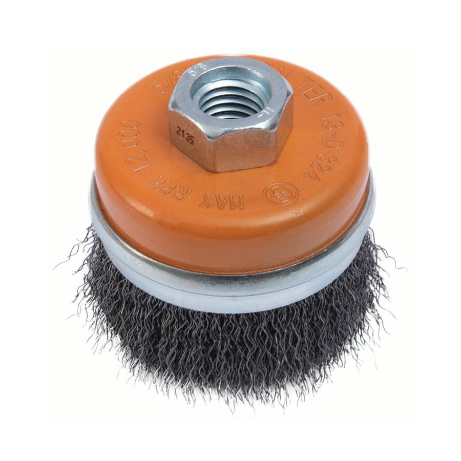 13D424 | Wire Cup Brush 4", 5/8"-11 Arbor, Crimped Steel Wires W/ Ring