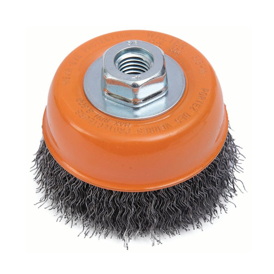 13E504 | Wire Cup Brush 5", 5/8"-11 Arbor, Crimped Steel Wires