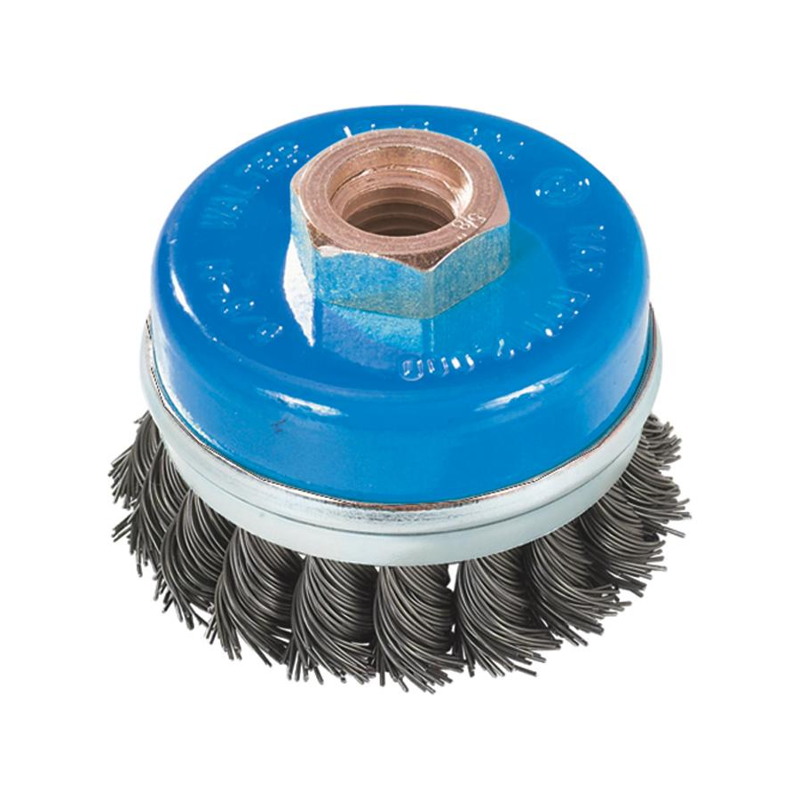 13G314 | Wire Cup Brush 3", 5/8"-11 Arbor, Knot-Twisted Stainless Steel Wires W/ Ring