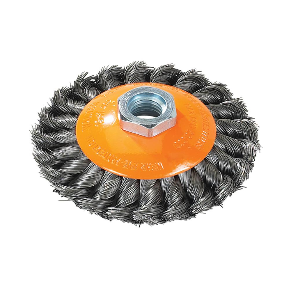 13H604 | Saucer-Cup Brush 6", 5/8"-11 Arbor, Knot-Twisted Steel Wires