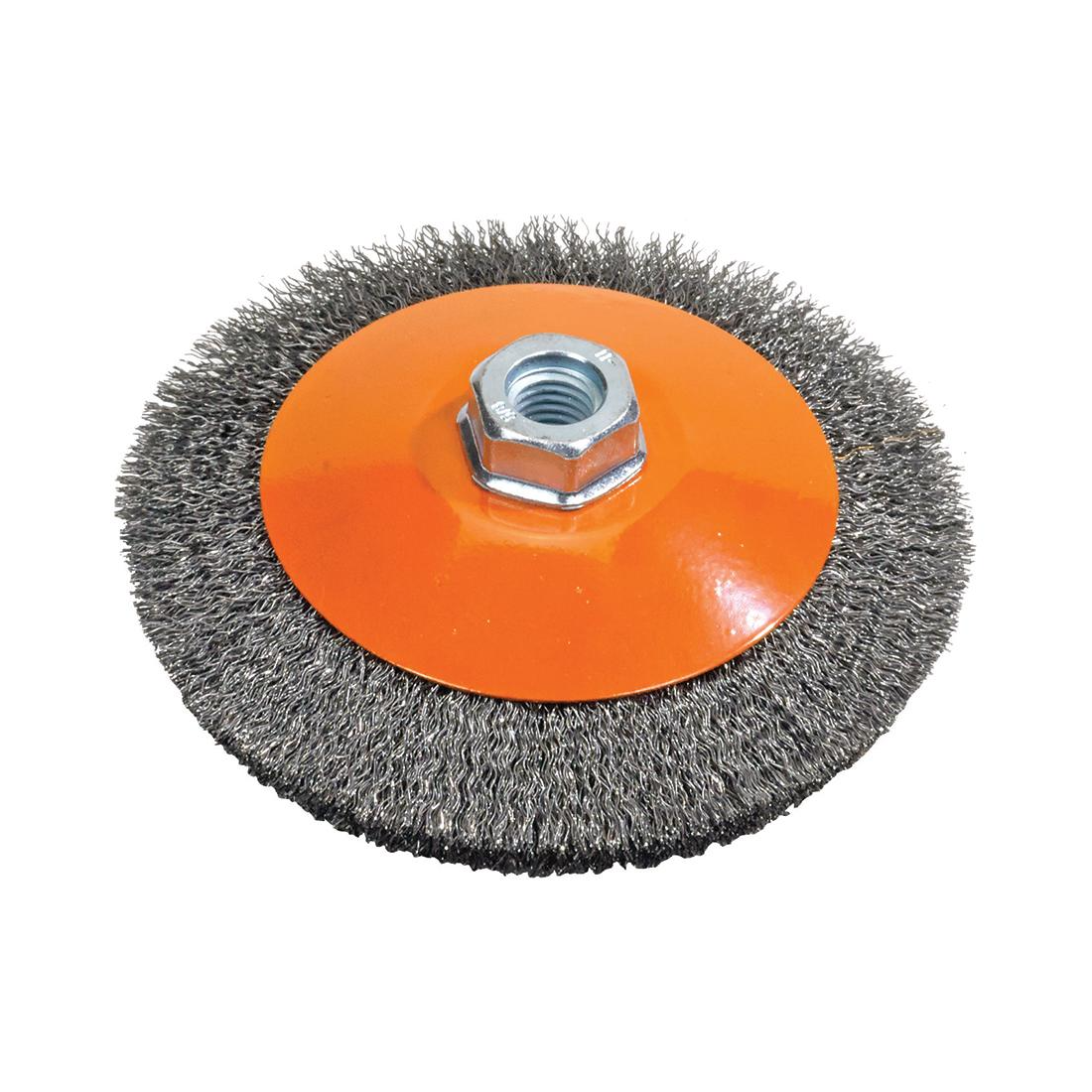 13H654 | Saucer-Cup Brush 6", 5/8"-11 Arbor, Crimped Steel Wires