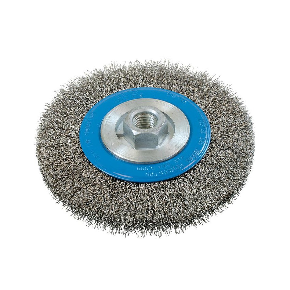 13J614 | Wire Wheel Brush 6", 5/8"-11 Arbor, Crimped Stainless Steel Wires