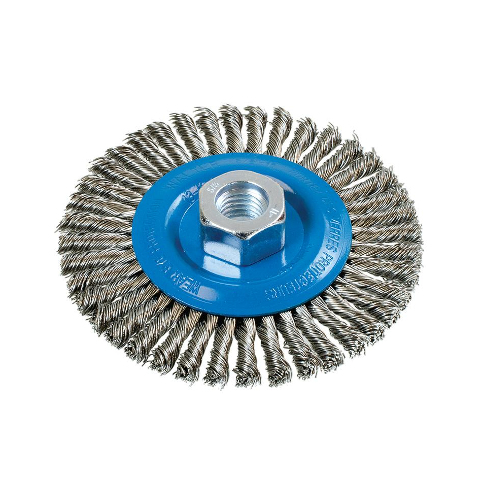 13K464 | Wire Wheel Brush 4-1/2", 5/8"-11 Arbor, Stringer Bead Knot-Twisted Stainless Steel Wires