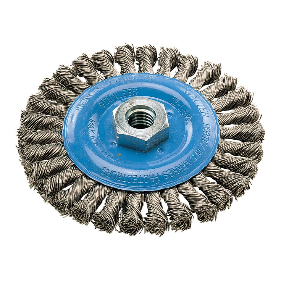 13L514 | Wire Wheel Brush 5", 5/8"-11 Arbor, Wide Knot-Twisted Stainless Steel Wires