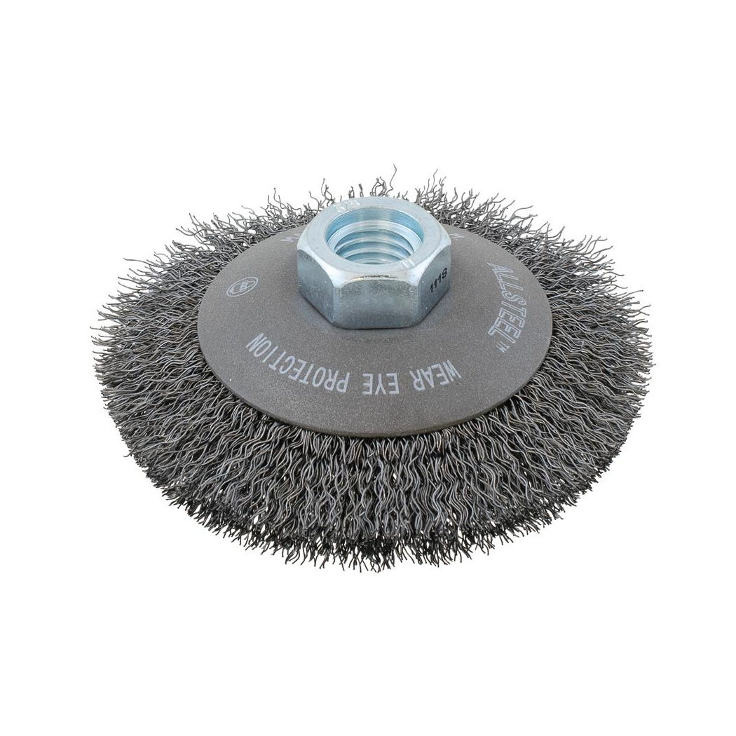 13W431 | All Metal™ Saucer-Cup Brush 4", 5/8"-11 Arbor, Crimped Steel Wires