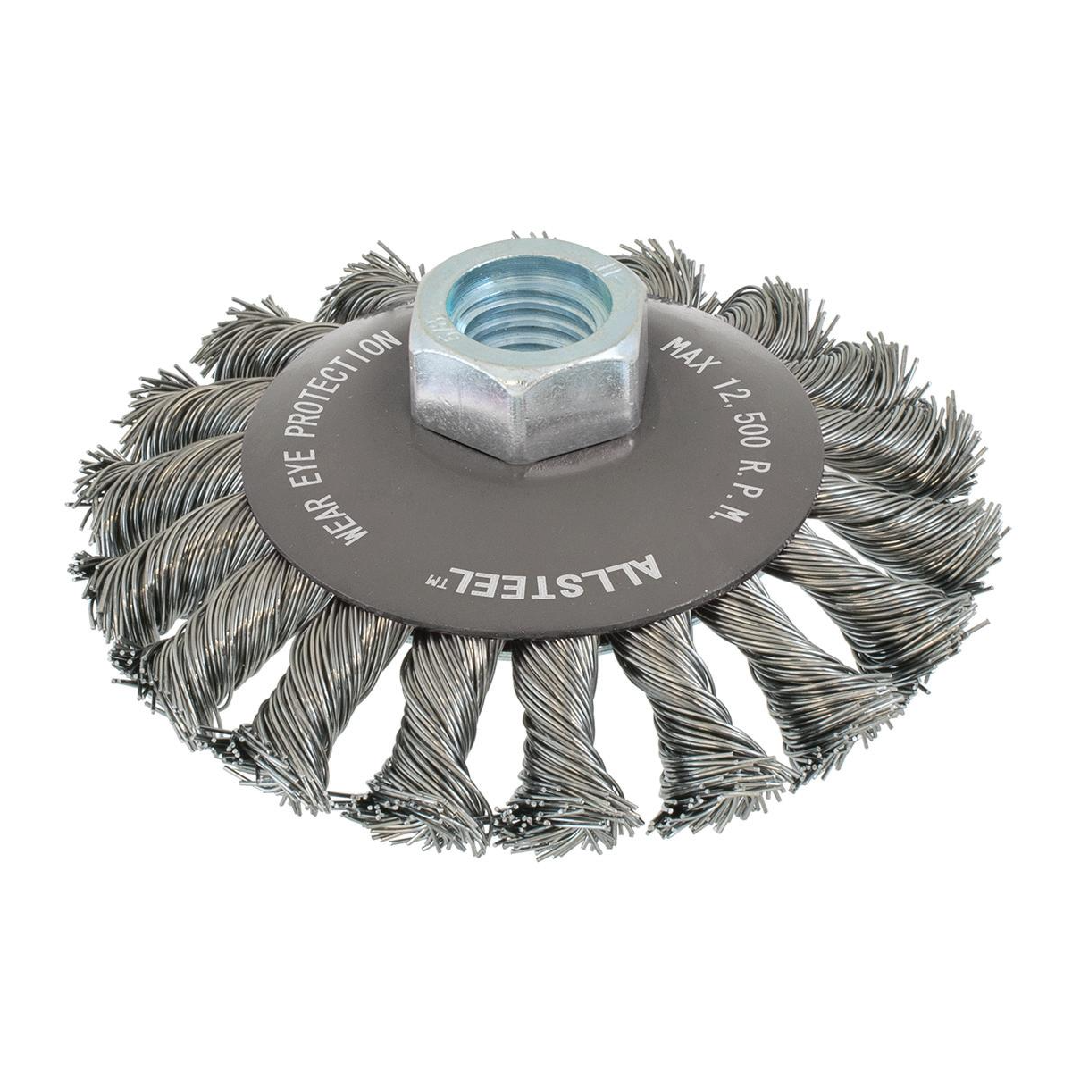 13W441 | All Metal™ Saucer-Cup Brush 4", 5/8"-11 Arbor, Knot-Twisted Steel Wires
