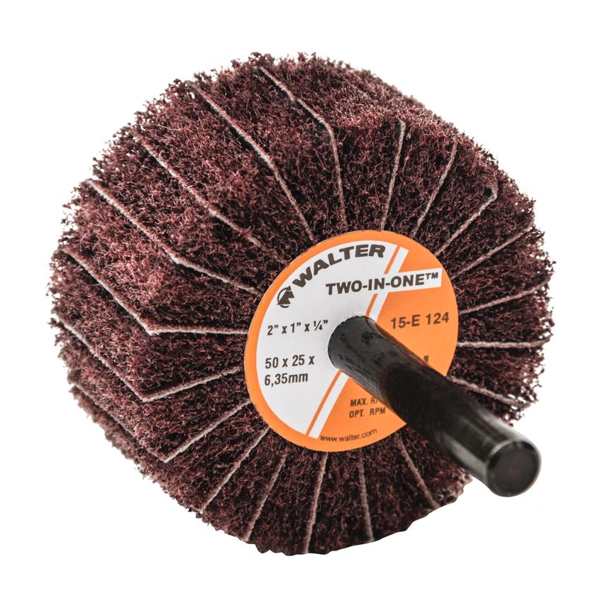 15E124 | TWO-IN-ONE™ Flap Wheel 2" x 1", 1/4"Arbor, Fine, Non-Woven and Cloth