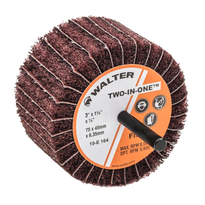15E164 | TWO-IN-ONE™ Flap Wheel 3" x 1-3/4", 1/4"Arbor, Fine, Non-Woven and Cloth