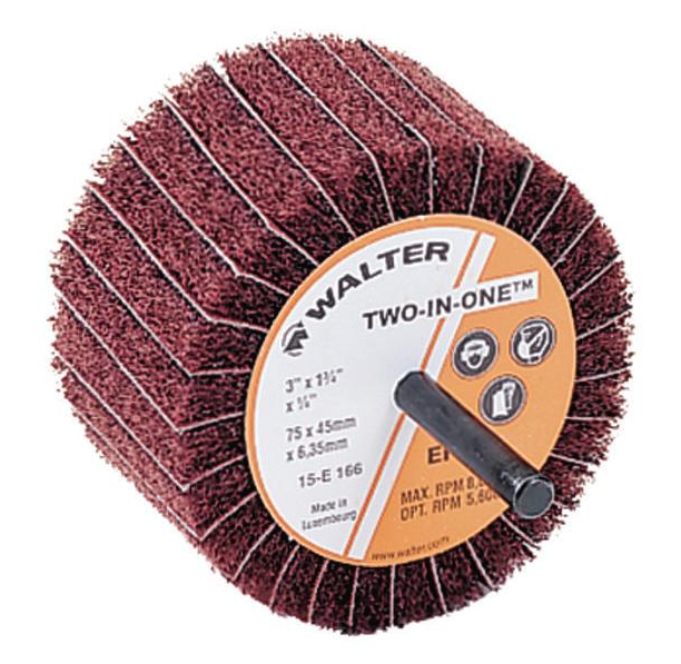 15E166 | TWO-IN-ONE™ Flap Wheel 3" x 1-3/4", 1/4"Arbor, Extra fine, Non-Woven and Cloth