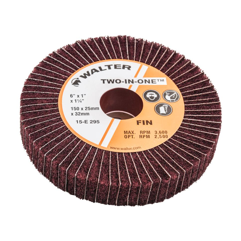 15E295 | TWO-IN-ONE™ Flap Wheel 6" x 1", 1-1/4"Arbor, Fine, Non-Woven and Cloth