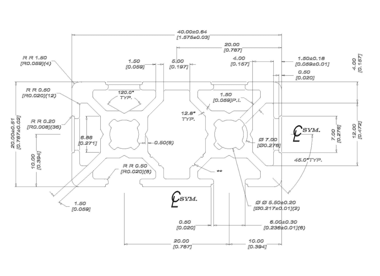 20mm x 40mm Smooth T-Slotted Aluminum Extrusion - 1ft Bar - Forces Inc