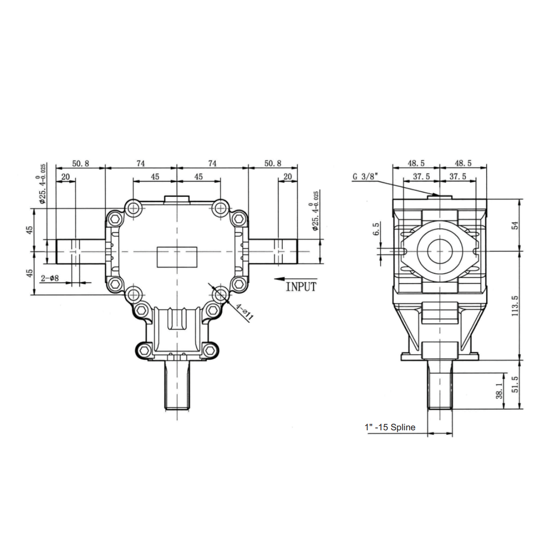 Agricultural Gear Speed Reducer 1:1 Fan Shaft 25.4mm - Aluminum