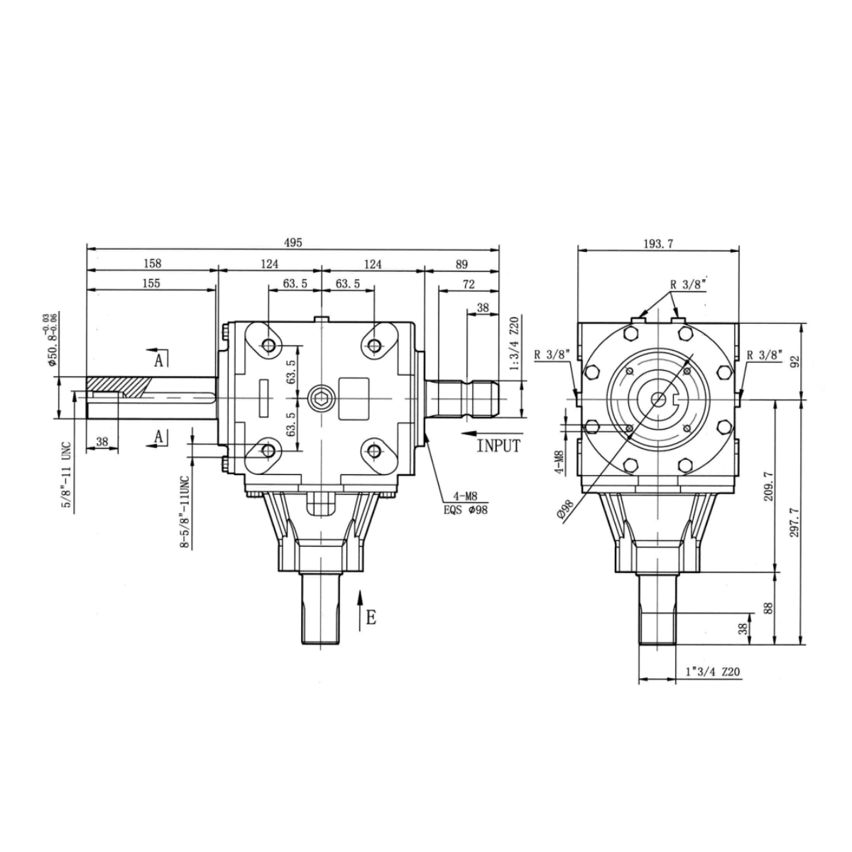 Agricultural Gear Speed Reducer 1:1 Fan Shaft 50.8mm - Cast Iron
