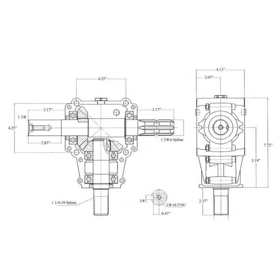 Agricultural Gear Speed Reducer 1:1 Fan Shaft 34.925mm - Aluminum