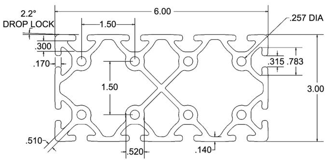 3" x 6" T-Slotted Aluminum Extrusion Smooth Heavy - 1ft Bar - Forces Inc