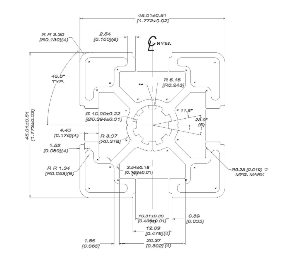 45mm x 45mm Black Smooth T-Slotted Aluminum Extrusion - 1ft Bar - Forces Inc