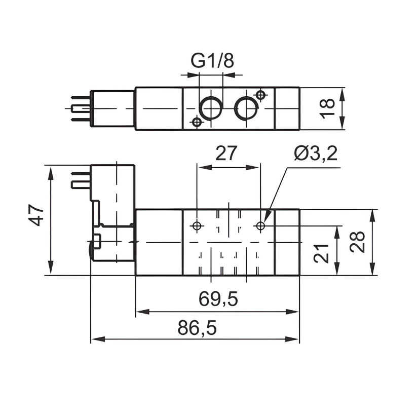 Compact Solenoid Valve G1/8", 3/2 Normally Closed Spring Return 24Vdc