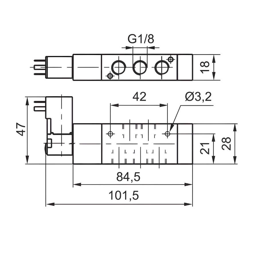 Compact Solenoid Valve G1/8", 5/2 Spring Return 12Vdc