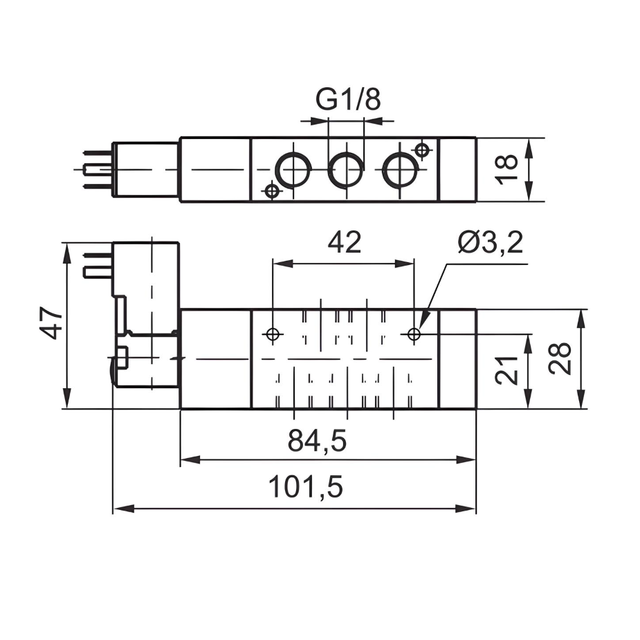Compact Solenoid Valve G1/8", 5/2 Spring Return 24Vdc