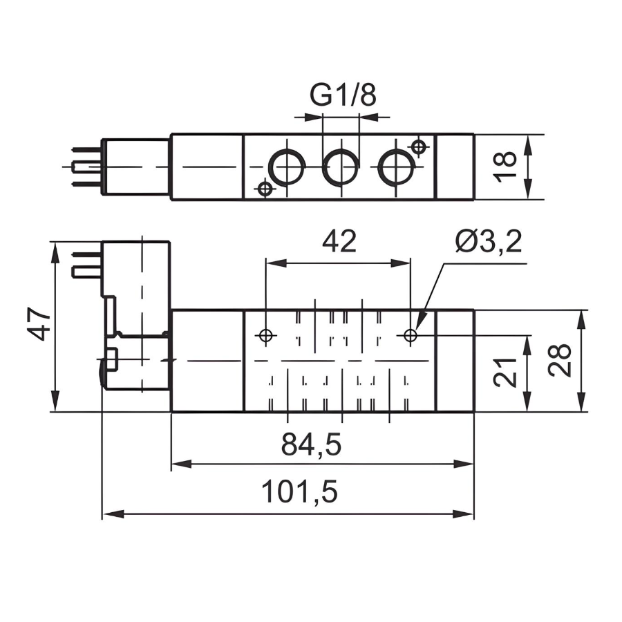 Compact Solenoid Valve G1/8", 5/2 Spring Return 110Vac