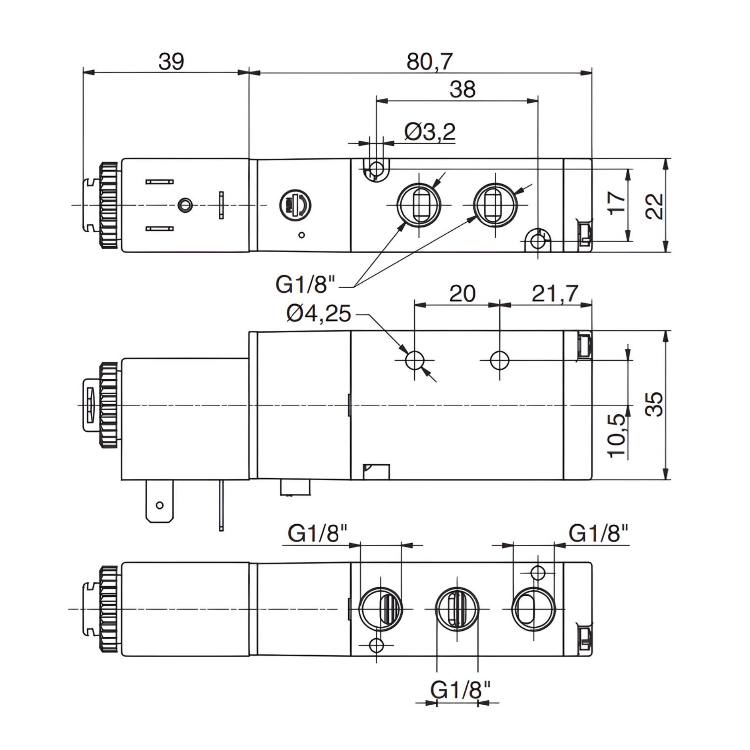 Pneumatic Solenoid Valve 1/8", 5/2 Spring Return 24Vdc