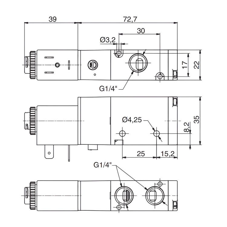 Pneumatic Solenoid Valve 1/4", 3/2 Normally Closed Spring Return 24Vac