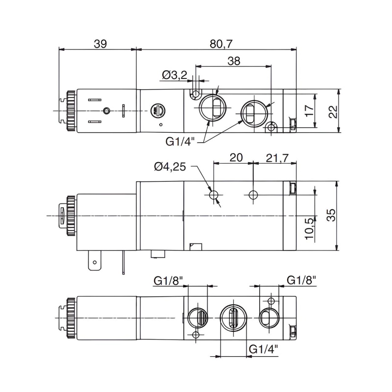 Pneumatic Solenoid Valve 1/4", 5/2 Spring Return No Coil