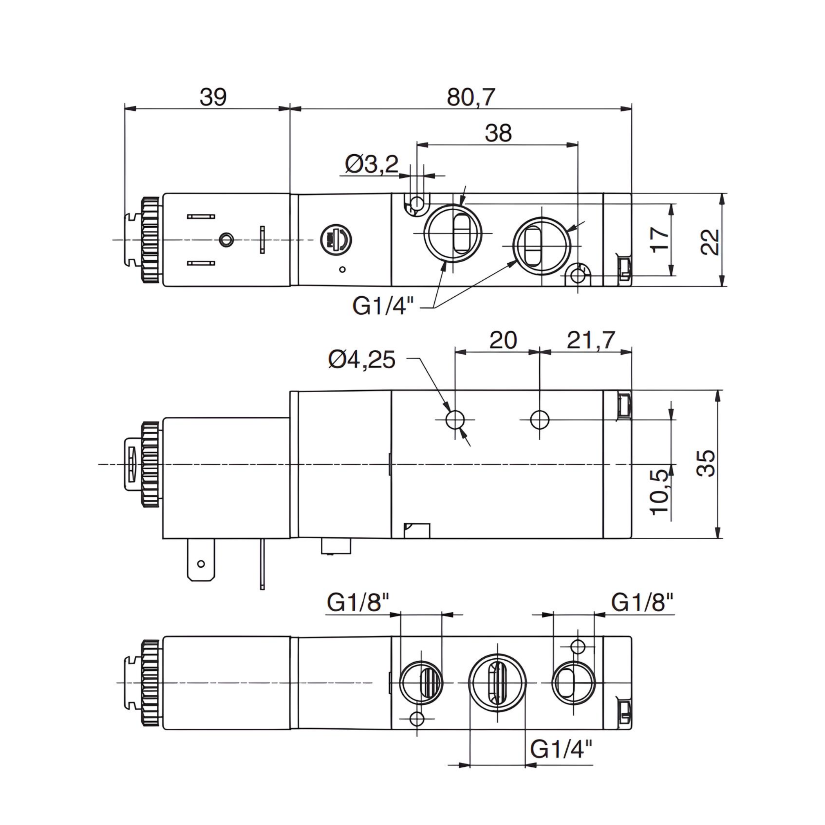 Pneumatic Solenoid Valve 1/4", 5/2 Spring Return 24Vdc