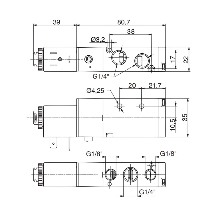 Pneumatic Solenoid Valve 1/4", 5/2 Spring Return 24Vac
