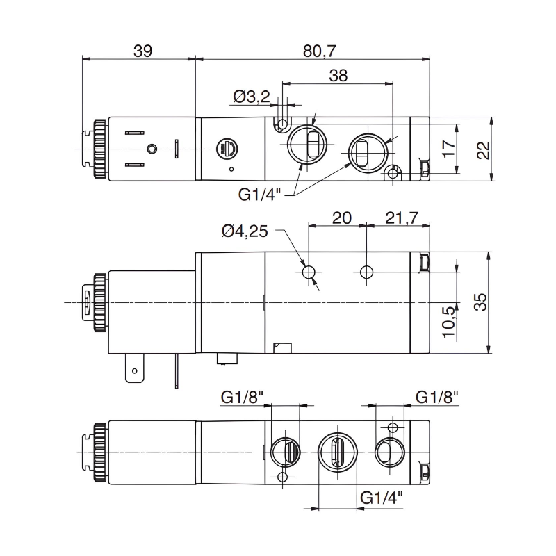 Pneumatic Solenoid Valve 1/4", 5/2 Spring Return 110Vac