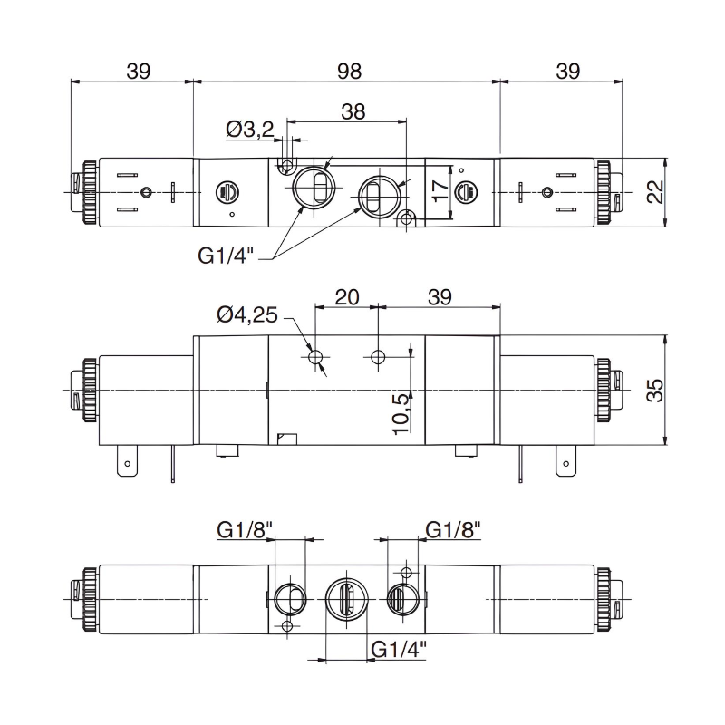 Pneumatic Solenoid Valve 1/4", 5/3 Closed Center Double Coil 24Vdc