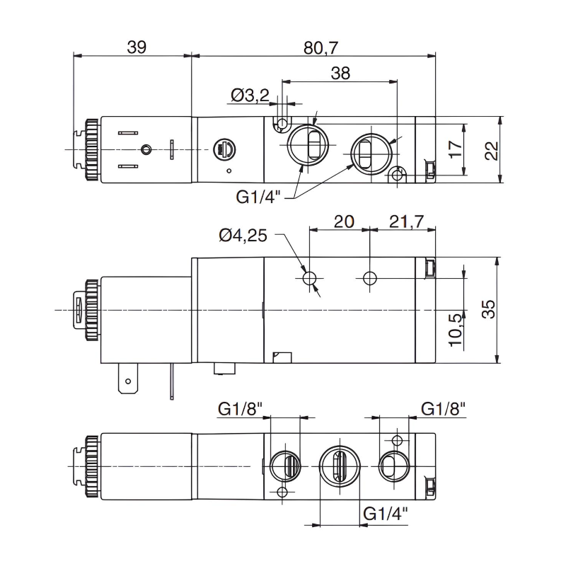 Pneumatic Solenoid Valve 1/4" NPT, 5/2 Spring Return 24Vac