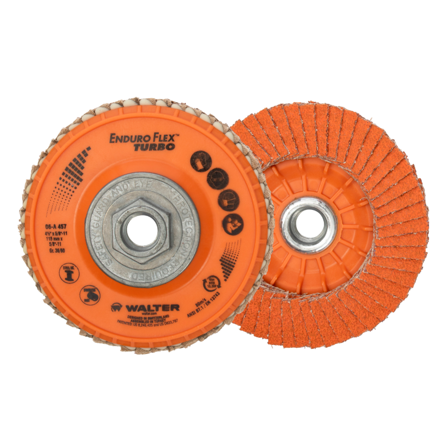 06A487 | ENDURO-FLEX™ TURBO Flap Disc 4-1/2", 5/8"-11 Metal Hub Arbor, 36/60 Grit, Type 29S