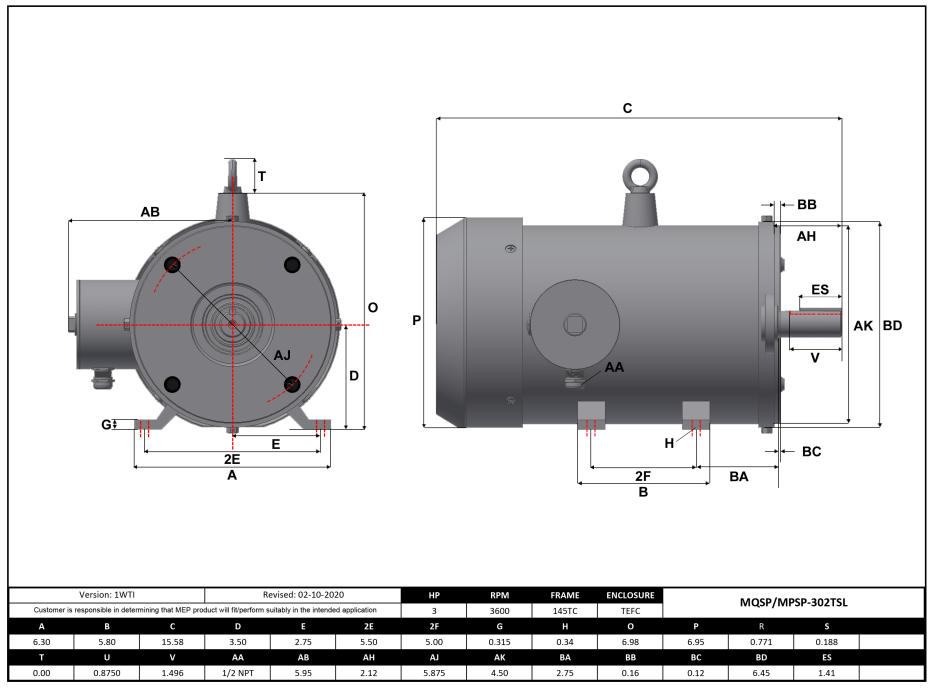 Max Motion MQSP-302TSL | NEMA Motor 3HP, 3600RPM, 208-230/460V, Frame 145TC, TEFC, Rigid Base