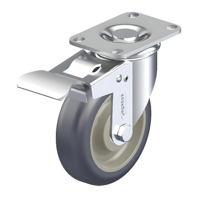 Polyurethane Grey Caster 5" x 1-1/4" Swivel Total Lock Brake (TB) 300 lbs Delrin® Bearing P12X Series