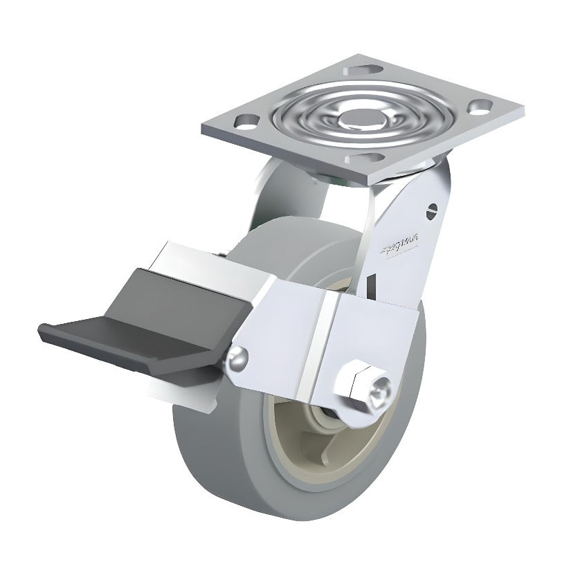 ElastiSoft Gray Caster 8" x 2" Swivel Trailing Wheel Brake (WK) 600 lbs Roller Bearing P21 Series