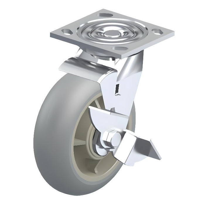 Round ElastiSoft Gray Caster 8" x 2" Swivel Wheel Brake (WB) 600 lbs Roller Bearing P21 Series