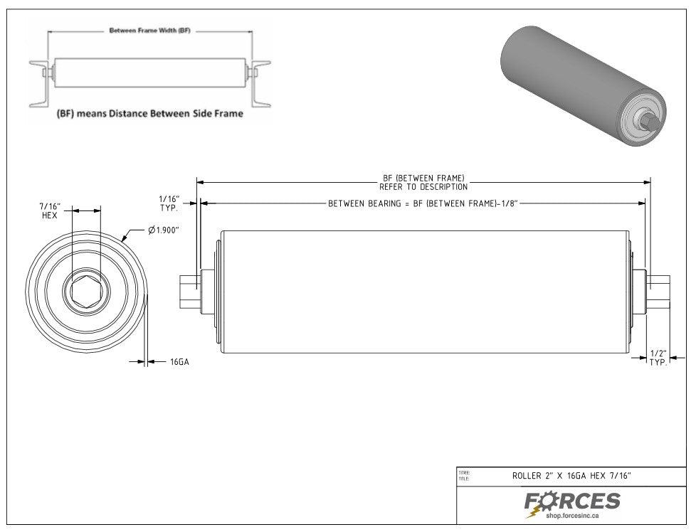 Conveyor Rollers 21-1/2" BF | 1.90" Dia. Hex Shaft 7/16" 16 Ga Galvanized - Forces Inc